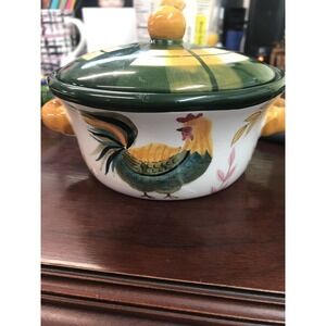 Bella Casa by Ganz Ceramic Round Bowl with Green Lid Rooster Kitchen‎ Trinket
